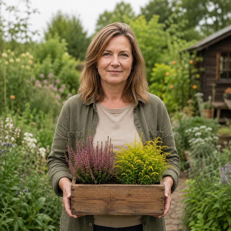 Helena Duarte em um jardim de plantas