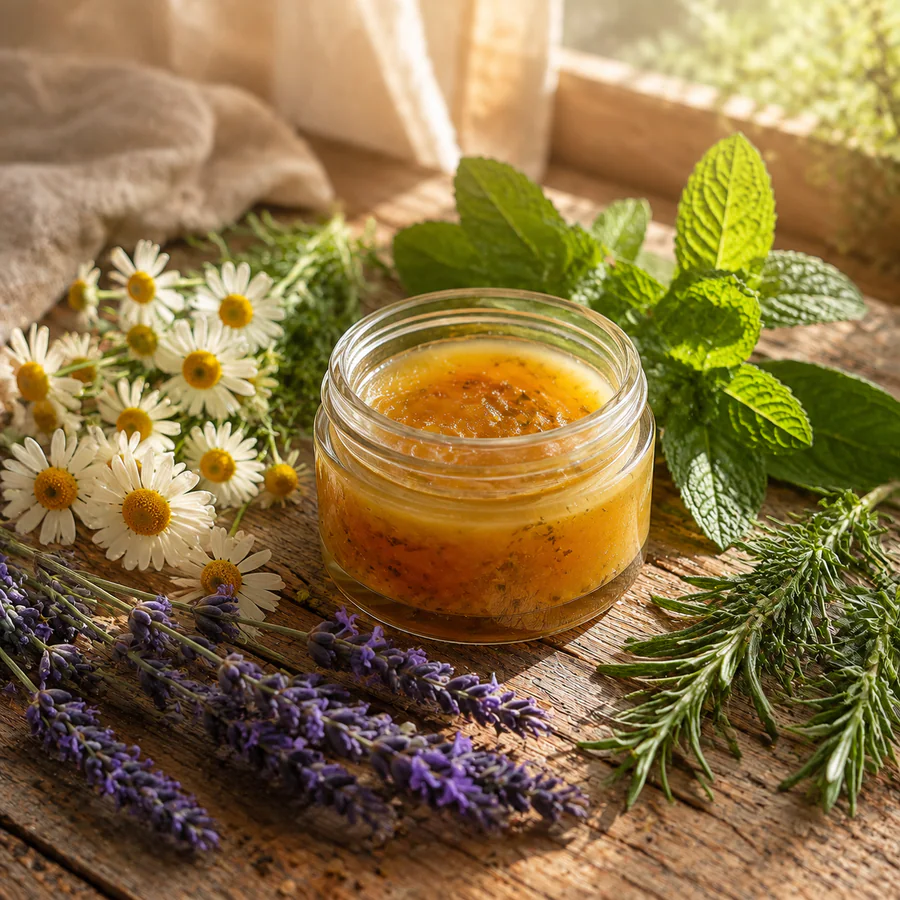 Bálsamo natural com babosa, calêndula e hortelã